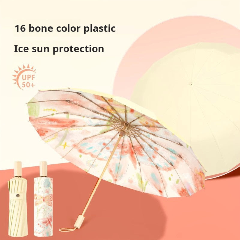 Elegant 16 Bone New Chinese Style Sun Umbrella, UV Protection and Waterproof, Folding for Both Sunny and Rainy Days