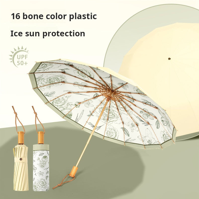 Elegant 16 Bone New Chinese Style Sun Umbrella, UV Protection and Waterproof, Folding for Both Sunny and Rainy Days