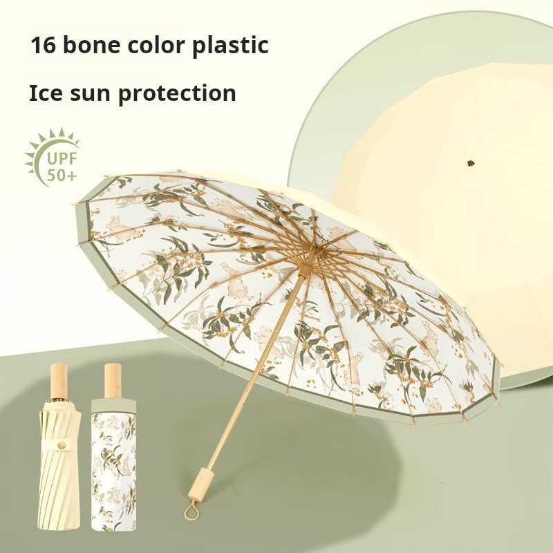 Elegant 16 Bone New Chinese Style Sun Umbrella, UV Protection and Waterproof, Folding for Both Sunny and Rainy Days