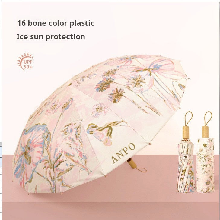 Elegant 16 Bone New Chinese Style Sun Umbrella, UV Protection and Waterproof, Folding for Both Sunny and Rainy Days