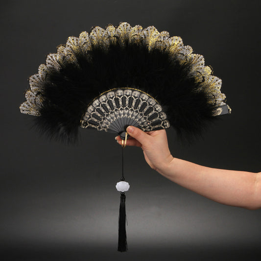 New Classical Folding Fan with Feathers - Ideal for Cosplay, Fashion Show, and Photo Shoots